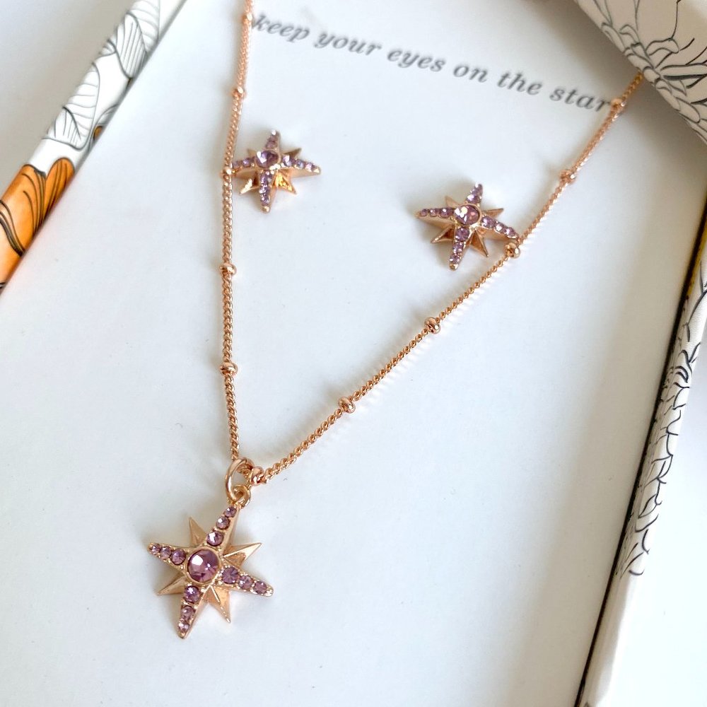 Vera Bradley Sparkling Star Earrings and Necklace Set - Rose Gold/Purple